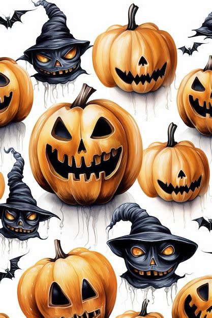 Premium Ai Image Halloween Detailed Pumpkins And Ghosts Bats White