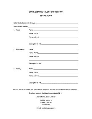 Fillable Online Orgrange STATE GRANGE TALENT CONTESTANT ENTRY FORM Fax