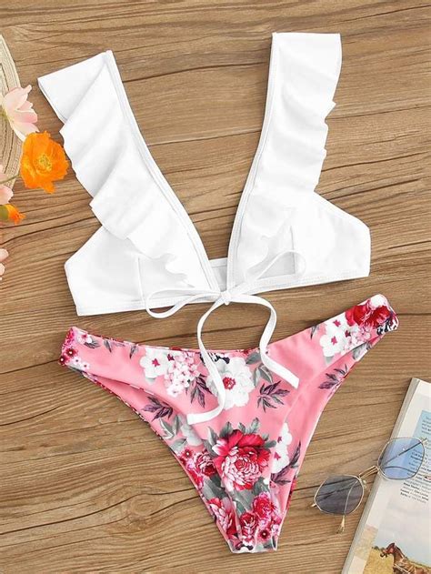 Ruffle Plunge Top With Random Floral Panty Bikini Floral Panty