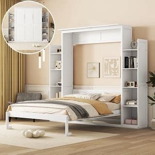 Full/Queen Murphy Bed with Storage Shelves & LED Lights, Easy Fold Wood ...