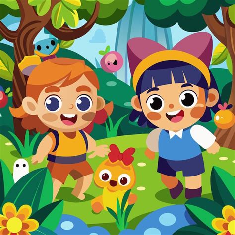 Una escena de dibujos animados de dos niños jugando en un bosque con