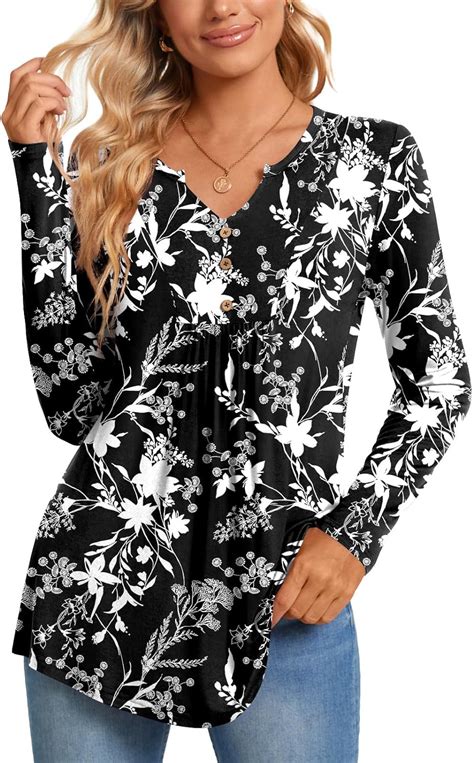 Cathy Womens Long Sleeve Tunic Tops Henley Shirt V Neck Button Down