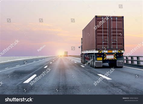 Truck On Highway Road Red Container Stock Photo Edit Now