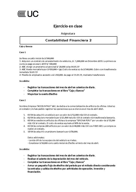 Ejercicio Caja Y Bancos Ejercicio En Clase Asignatura Caja Y