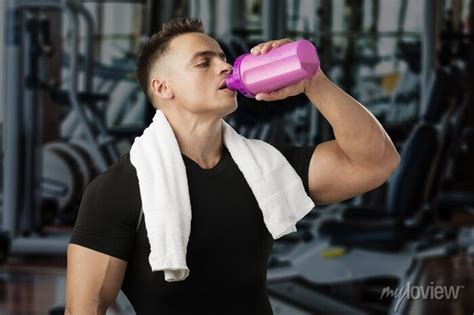 Muscular Man Drinking Water In Gym Strong Male Naked Torso Wall Stickers Protein Power