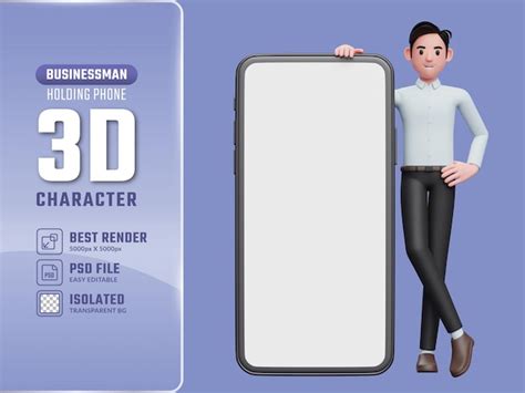 Premium Psd 3d Businessman Standing Next To Big Phone With White