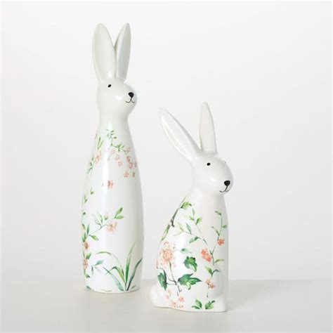 Sullivans 12 In And 9 In Floral Bunny Figurine Set Of 2 Ceramic