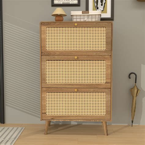 Kadyn Rattan Narrow Shoe Cabinet With Filp Drawers Freestanding Shoe