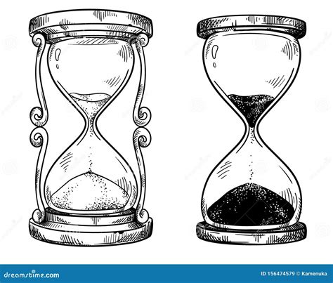 Set Of 2 Vintage Sand Hourglasses Vector Black And White Drawing Stock