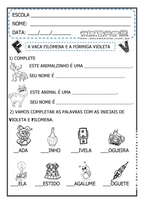 ATIVIDADES ORTOGRÁFICAS F V A VACA FILOMENA E A FORMIGA VIOLETA 1º