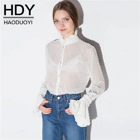 Hdy White Chiffon Blouse 2018 Summer Women Sexy Lace Long Sleeve