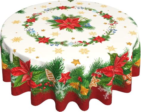 Amazon.com: Giwawa Christmas Tablecloth 60 Inch, Winter Poinsettia Floral Round Table Cloth ...