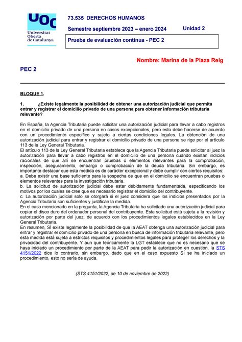 73 535 PEC 2 Mdelaplaza 73 DERECHOS HUMANOS Semestre Septiembre 2023