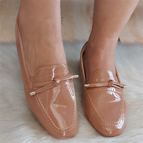 Sapatilha Mocassim Feminina Nude Verniz Sapato Sola Baixa Lacinho Shopee Brasil