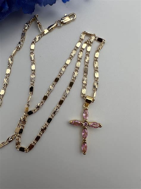 14k Cross Necklace Crucifix Necklace With Pink Stones Gold - Etsy