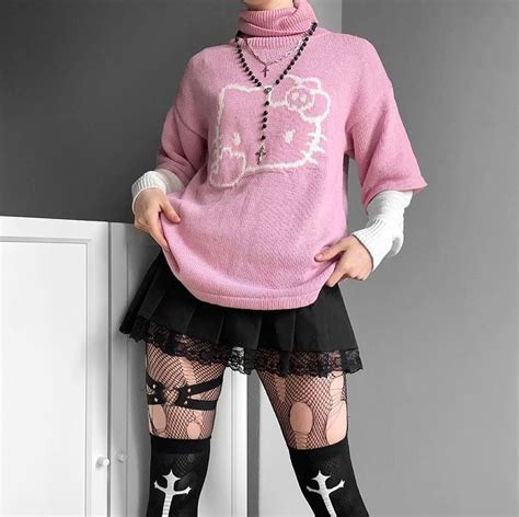 Pink Black Hello Kitty Grunge Look🖤💕🤍 Pastel Goth Fashion