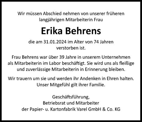 Traueranzeigen Von Erika Behrens Nordwest Trauer De