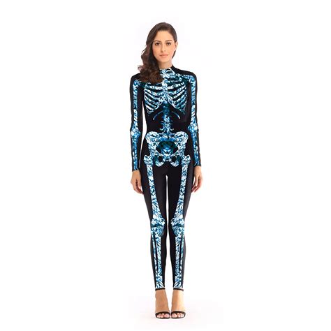 Adult Womens Day Of Dead Costume Black Blue Bones Skeleton Costumes Full Catsuit Bodysuit Long