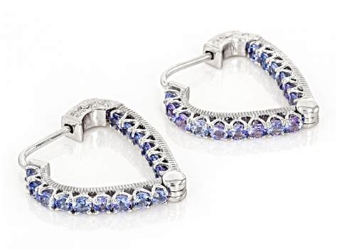 Pre Owned Tanzanite Rhodium Over Sterling Silver Heart Hoop Earrings