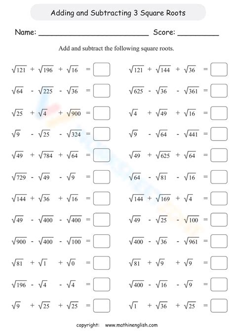 Adding And Subtracting Square Roots Worksheet Practice Problems For