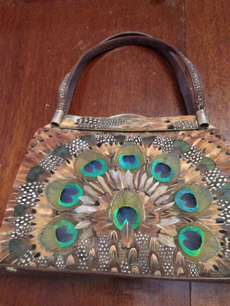 Beautiful Vintage Peacock Feather Clutch Purse Handbag S Mid