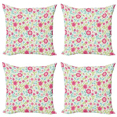 Spring Throw Pillow Cushion Case Pack Of 4 Blossoming Field With Fern Branches Leaves And