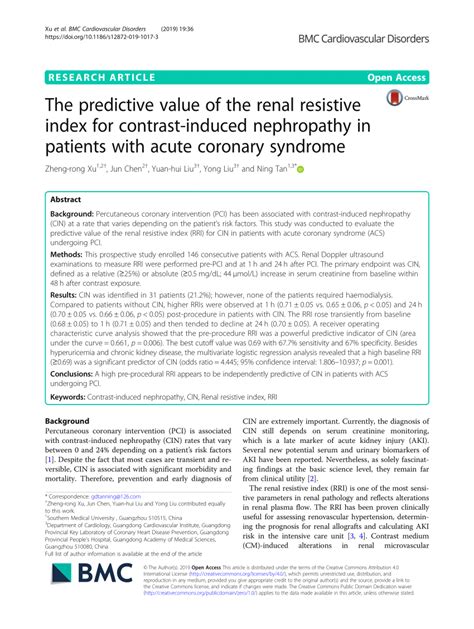 PDF The Predictive Value Of The Renal Resistive Index For Contrast