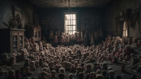 Premium AI Image | A room full of dolls with a window behind them.