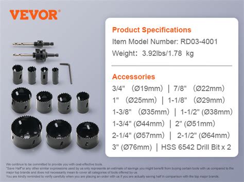 Vevor Hole Saw Kit 11 Pcs Saw Blades 2 Drill Bits 1 Hex Wrench Bi Metal M42 Hole Saw Set