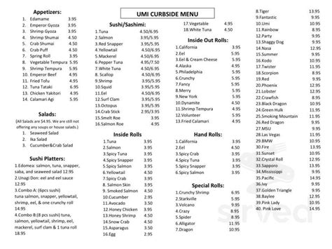 Menu Columbus MS S Umi Japanese Steakhouse Sushi Bar Sirved