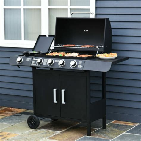 Outsunny Gas Bbq Grill With Wheels Burner With Side Burner Black