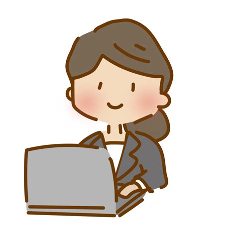 パソコン作業をするゆるくて可愛いスーツの女性の無料フリーイラスト かわいい手描きの無料素材「てがきっず」保育園・小学校・介護施設に