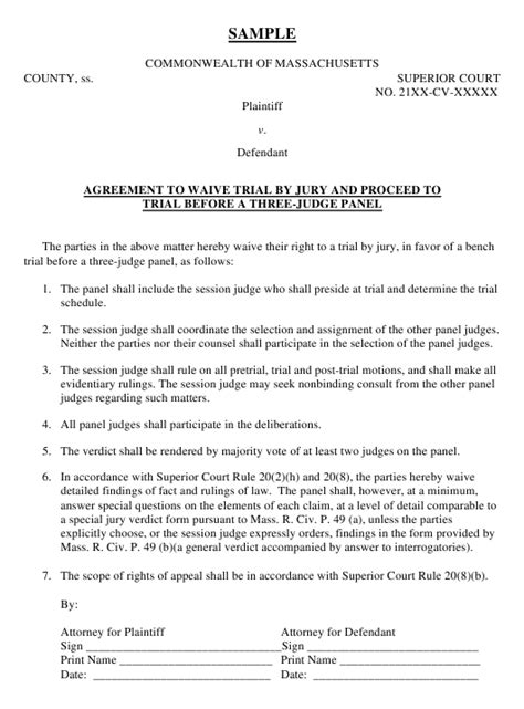 Massachusetts Agreement To Waive Trial By Jury And Proceed To Trial