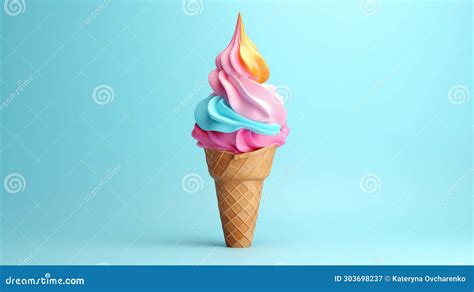 Ice Cream Cone with Colorful Frosting 3d Render on Blue Background ...