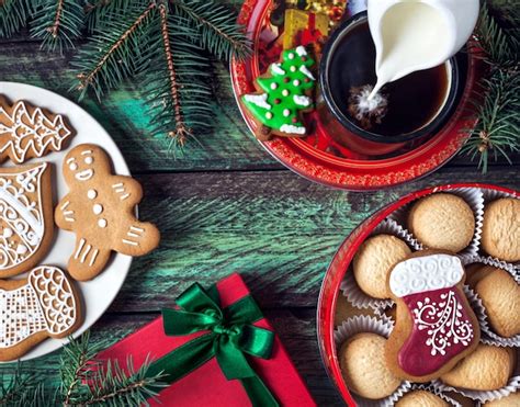 Christmas cookies coffee and present | Premium Photo