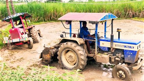 Swaraj Fe Mahindra Tractor Stuck In Mud Pulling Swaraj