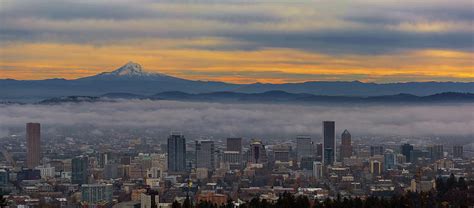 Portland Oregon Cityscape And Mount Hood At Sunrise Photograph By David Gn