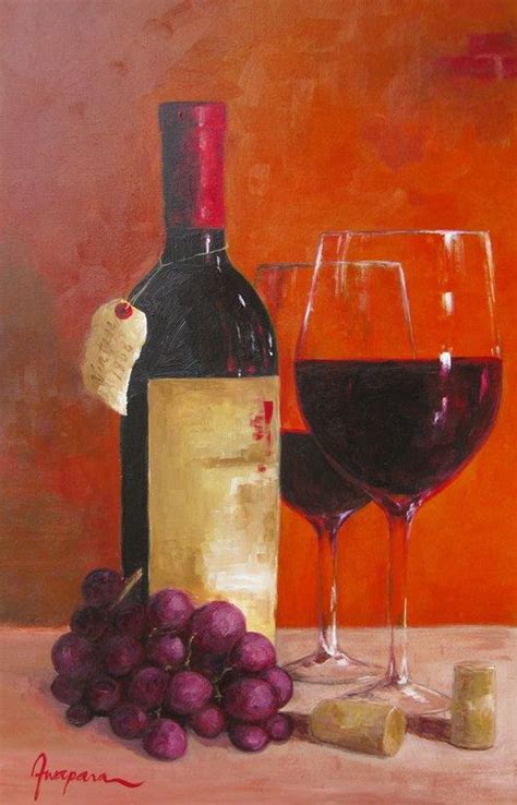 Art Canvas Acrylic Painting Wine Bottle Wine Glass By Pawapara Wine