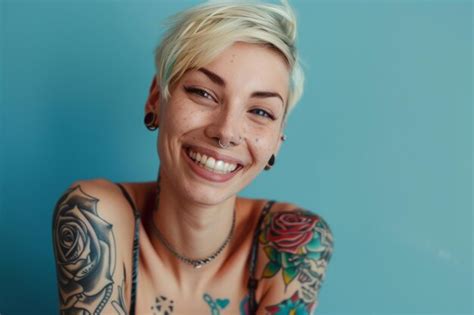 Pretty Tattooed Female Model With Short Blonde Hair Smiling Looking At Camera Premium Ai