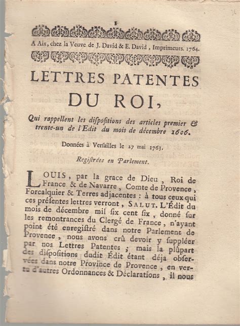 Lettres Patentes Du Roi Qui Rappellent Les Dispositios Des Articles