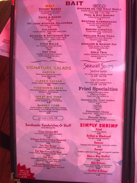 Menu at Fish Tales restaurant, Galveston