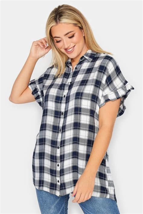 Yours Plus Size Navy Blue Check Print Frill Sleeve Collared Shirt