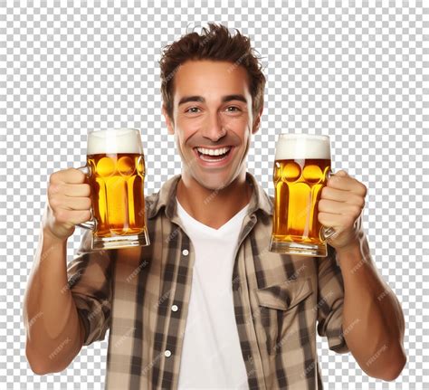 Premium Psd Man Holding Two Beer Mugs Isolated On Transparent Background