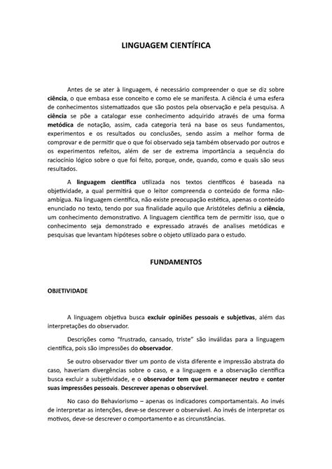 Exemplos De Linguagem Científica - Linguagem Científica - LINGUAGEM CIENTÍFICA Antes de se ater à ...