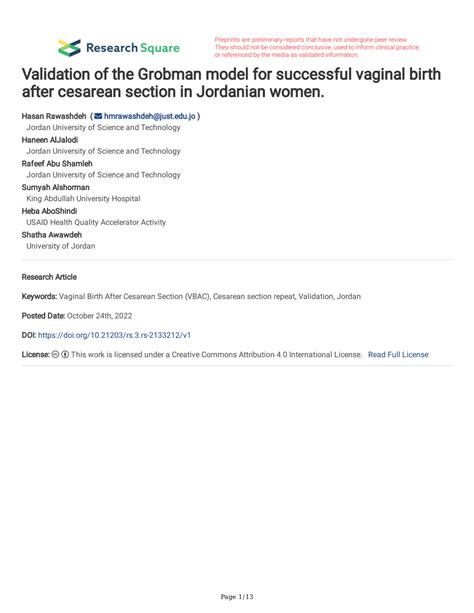 Pdf Validation Of The Grobman Model For Successful Vaginal Birth