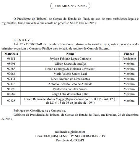 Concurso TCE PI comissão formada para edital de Auditor