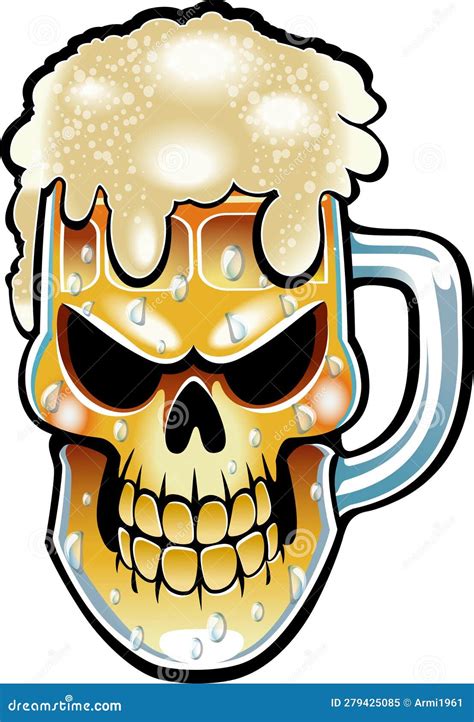 Cartoon Style Human Skull Beer Mug Of Foaming Draft Beer Stock Vector