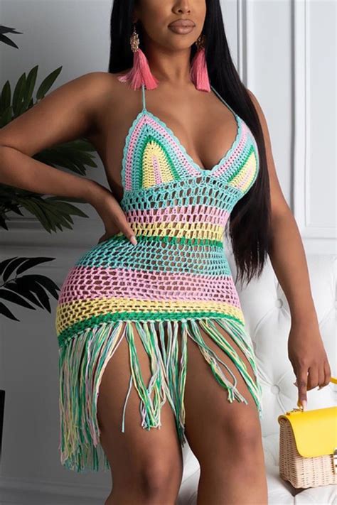 Sexy Hollow Fringed Colorful Beach Dress