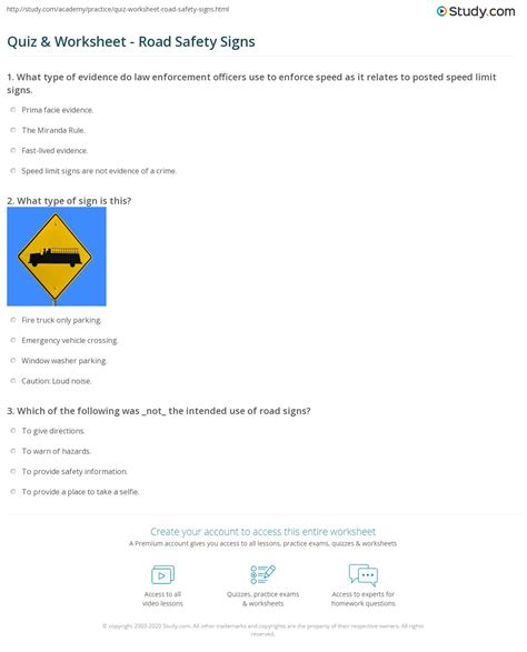 Quiz & Worksheet - Road Safety Signs | Study.com