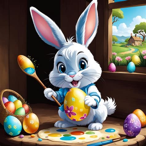 Premium Photo Cartoon Rabbit Painting An Easter Egg